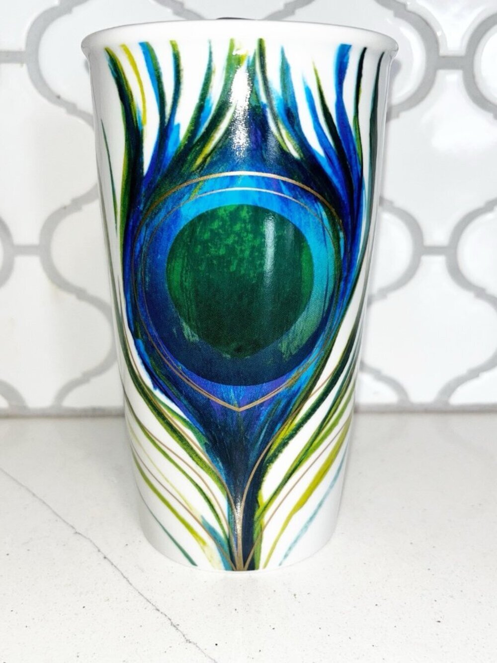 Starbucks 2015 Peacock Feather Ceramic 12 oz Coffee Mug Travel Cup w/Lid NEW